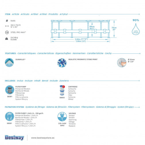 Piscina Pvc 366x76cm Cart Bestway Poliester/pvc Gris Steel P